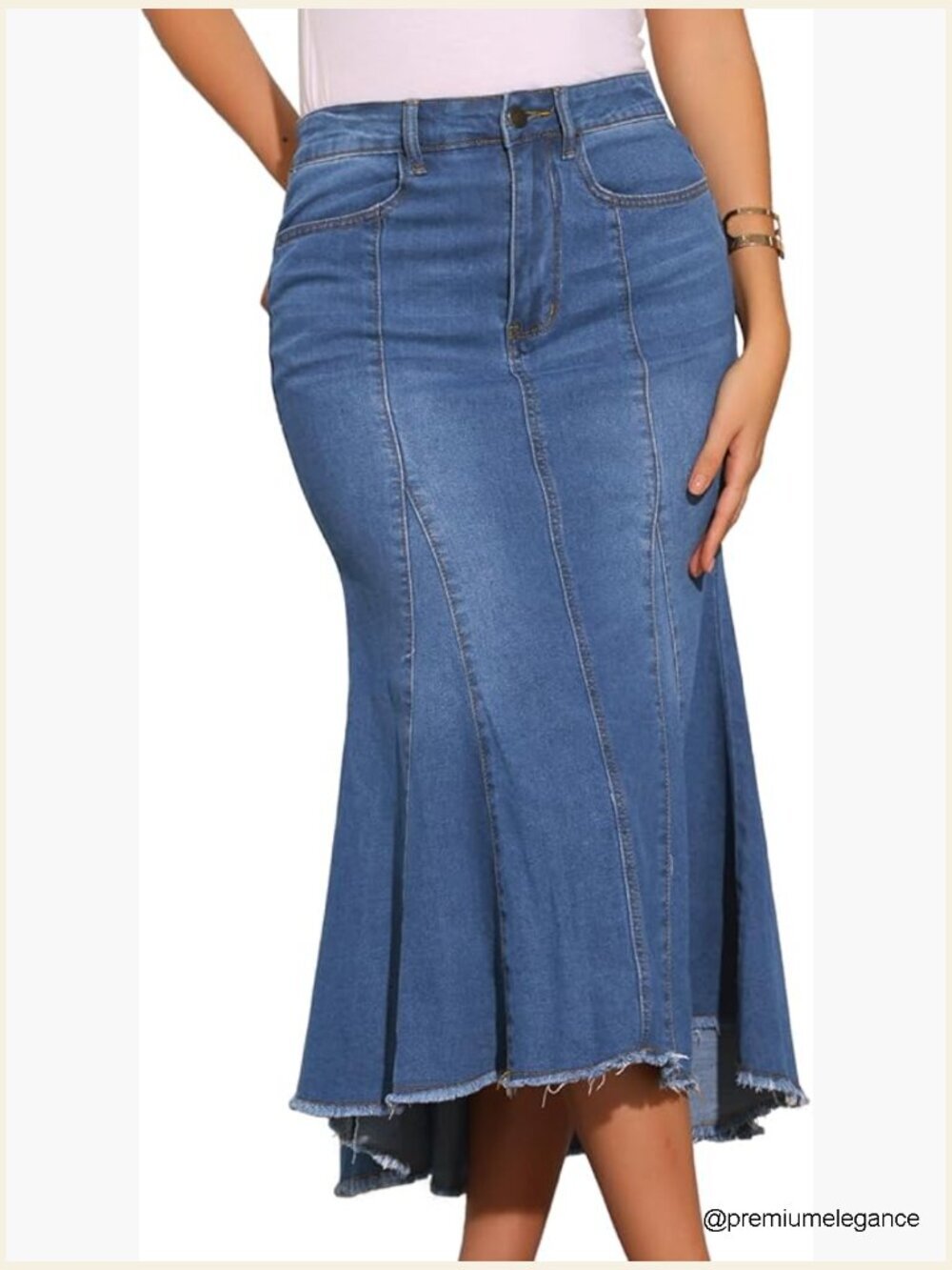 High Waist Washed Fishtail Denim Skirt Raw Hem Casual Midi Jean Skirts with